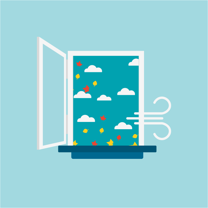 Eine Grafik eines offenen Fenster im Herbst, man sieht fallende Blätter und viele Wolken. Ein Windstoß bläst in den Raum hinein.