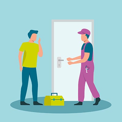 Illustration Person steht mit Schlüsseldienst vor der Haustür