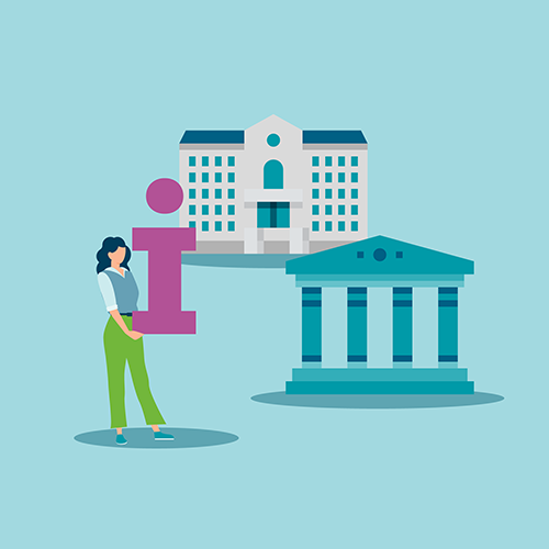 Wohnsitz ummelden – Schritt 6: Grafische Darstellung einer Person vor öffentlichen Gebäuden mit einem großen Information-i in den Händen.