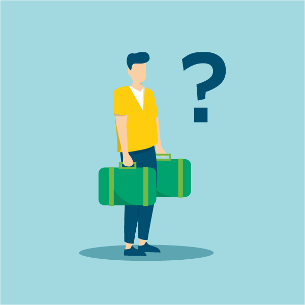 Illustration einer Person mit zwei Koffern in den Händen und einem großen Fragezeichen. Illustration einer Person mit zwei Koffern in den Händen und einem großen Fragezeichen.