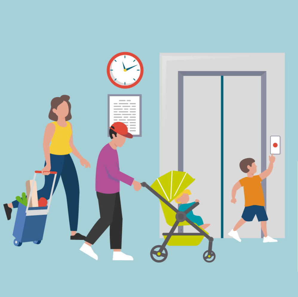 Illustration von verschiedenen Personen mit Einkäufen, Kinderwagen, etc. die vor einem Aufzug warten. Illustration von verschiedenen Personen mit Einkäufen, Kinderwagen, etc. die vor einem Aufzug warten.