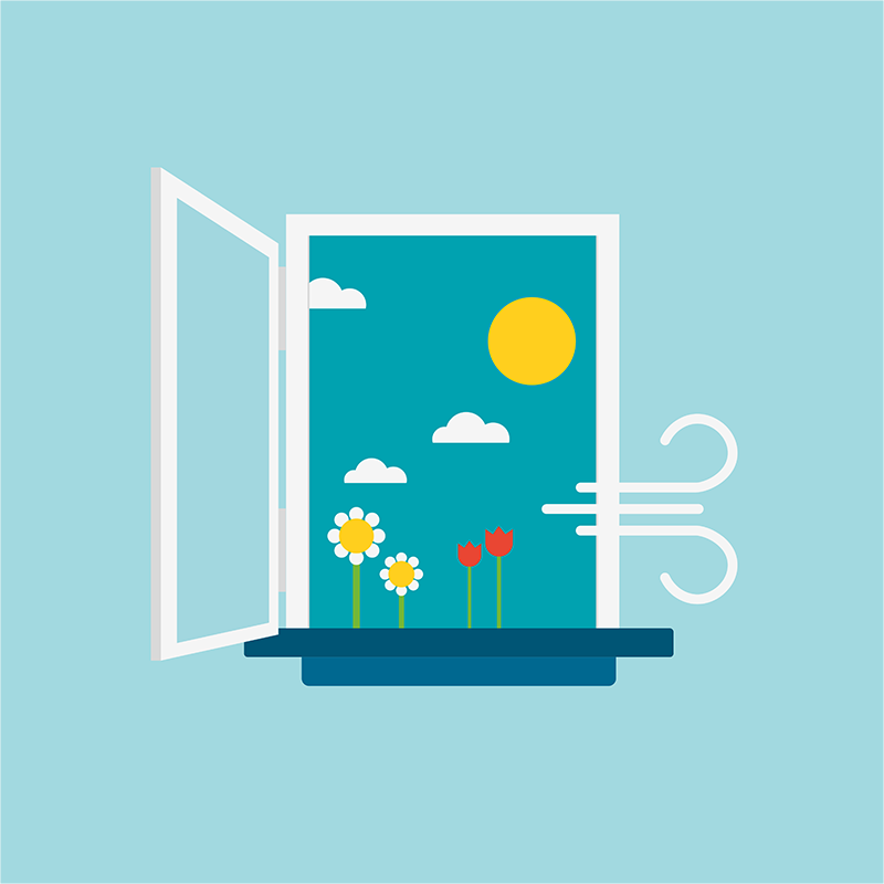 Eine Grafik eines offenen Fenster im Frühling, man sieht Blumen, die Sonne & ein paar kleine Wolken. Ein Windstoß bläst in den Raum hinein.