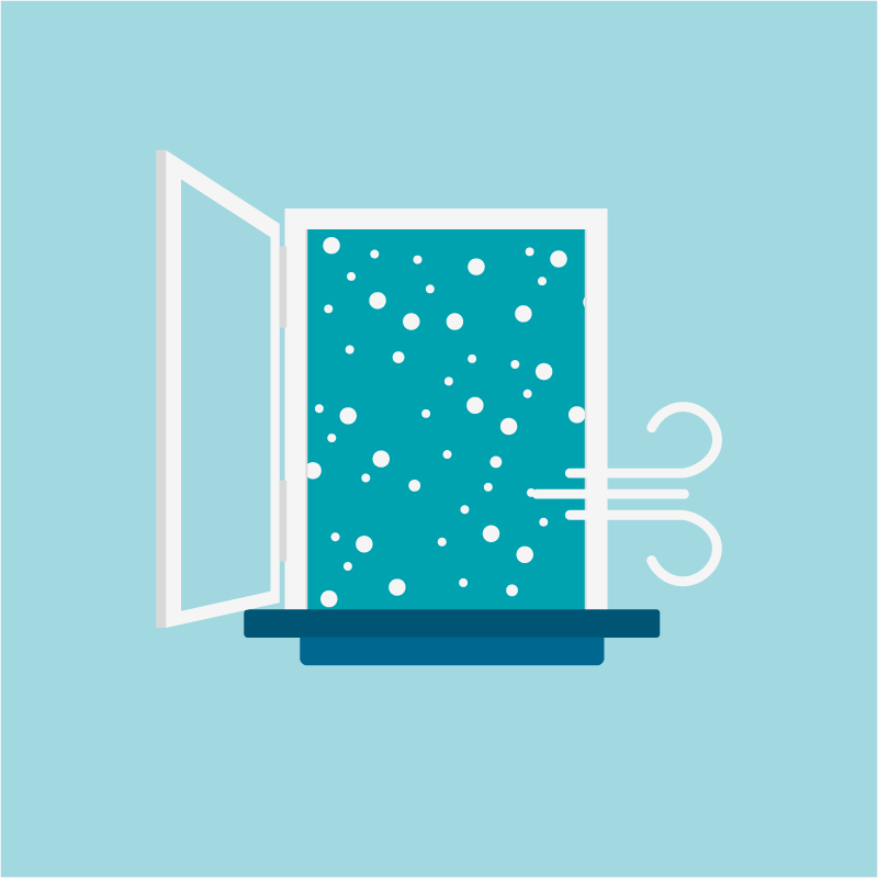 Eine Grafik eines offenen Fenster im Winter, es schneit draußen. Ein Windstoß bläst in den Raum hinein.