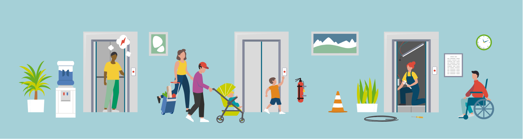 Verschiedene Illustrationen zu Aufzügen und Menschen mit hellblauem Hintergrund.