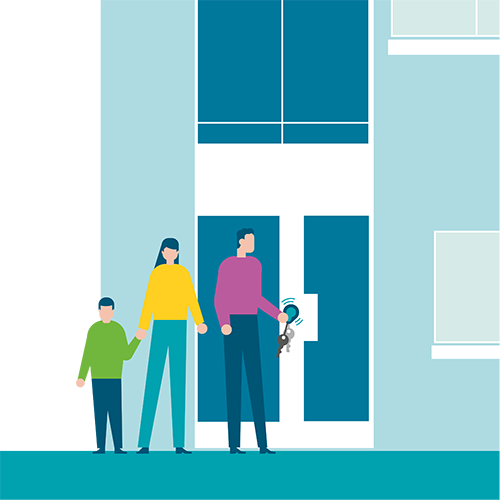 Illustration Familie öffnet mit Smartkey die Haustür.