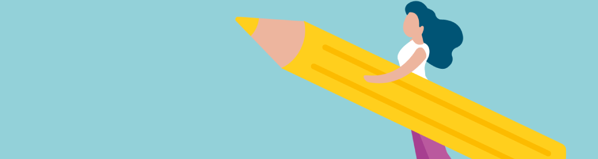 Grafik Frau mit einem riesigen Buntstift unter dem Arm.