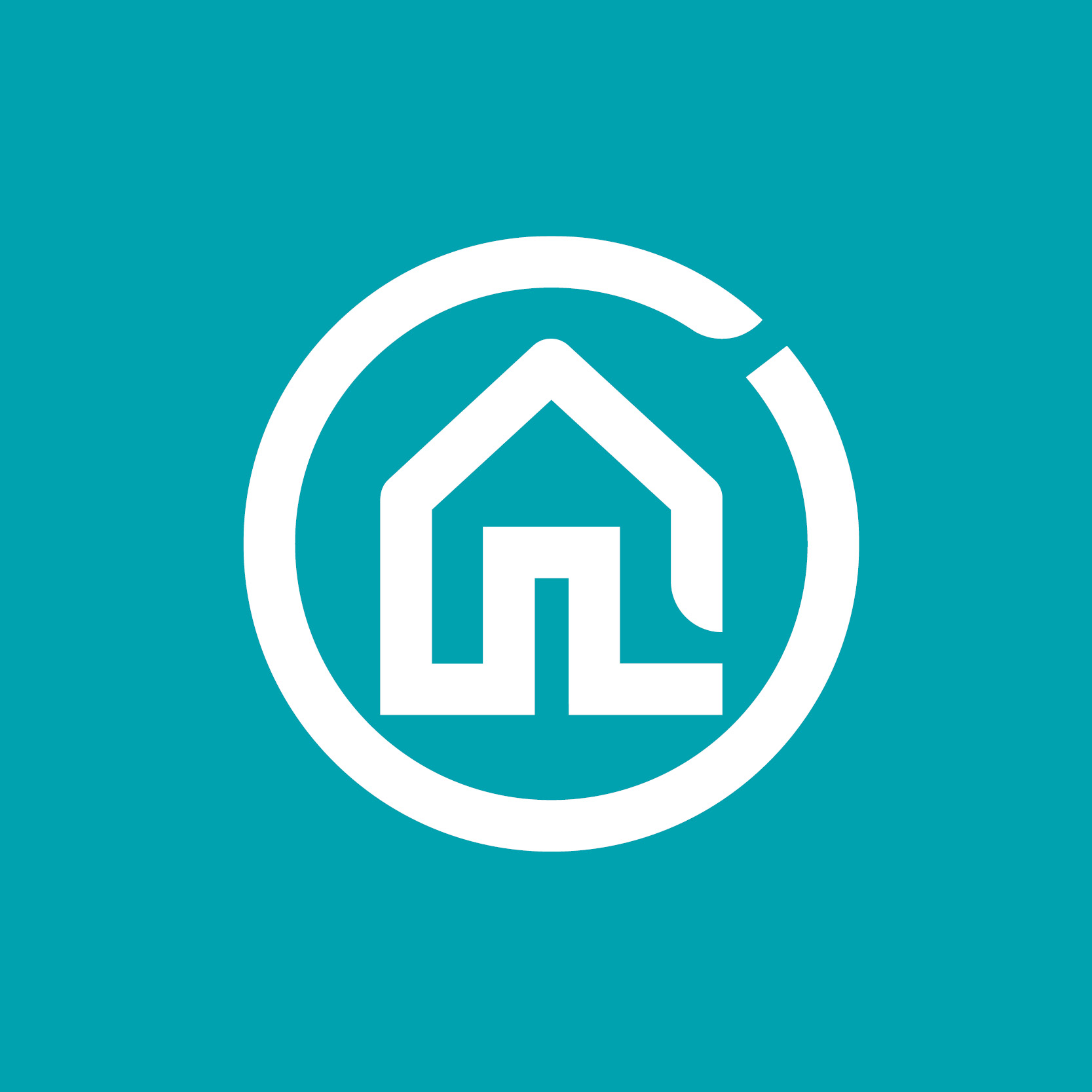 Weißes Haus Symbol, umgeben von einem Kreis auf türkisem Hintergrund.