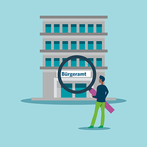 Wohnsitz ummelden – Schritt 1: Grafische Darstellung einer Person mit einer großen Lupe vor einem Bürgeramt-Gebäude.