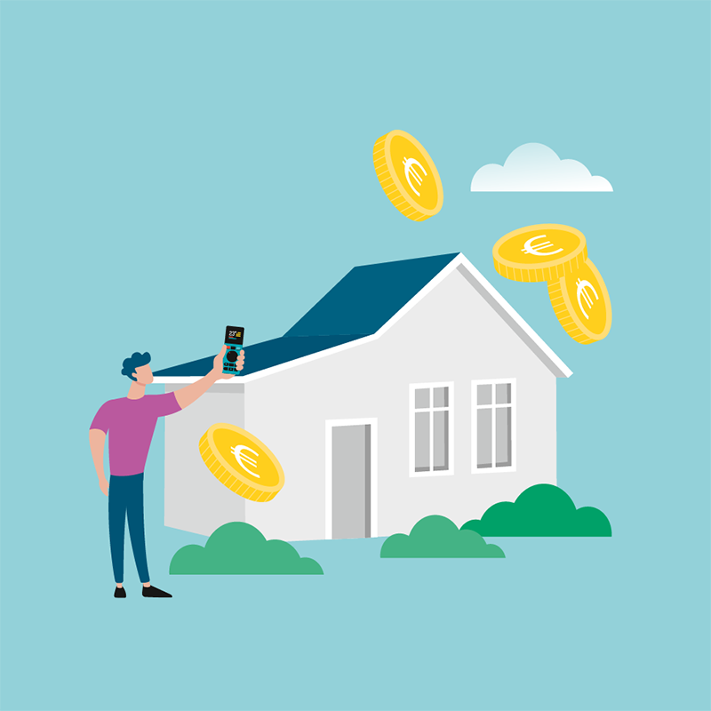 Illustration: Person zeigt Gerät, Münzen fliegen um ein Haus.