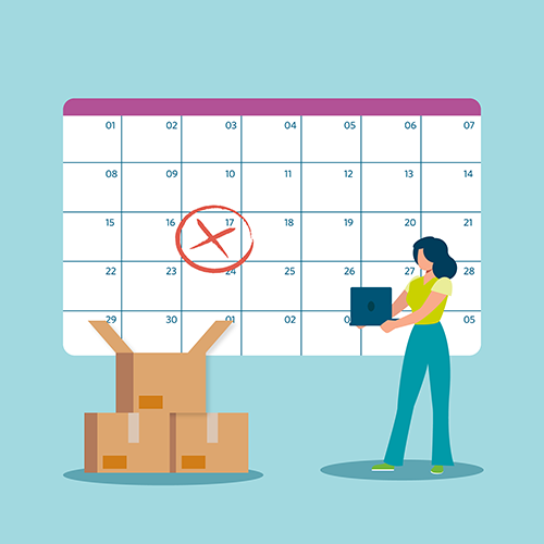 Wohnsitz ummelden – Schritt 4: Grafische Darstellung einer Person mit Notebook und Umzugskartons vor einem Termin in einem Kalender.