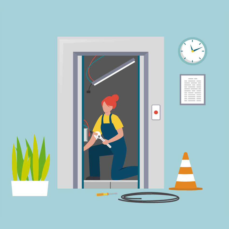 Illustration Frau repariert einen defekten Fahrstuhl. Illustration Frau repariert einen defekten Fahrstuhl.