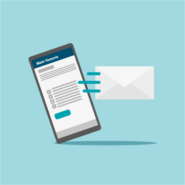 Illustration eines Handys mit der 'Mein Vonovia'-App und einem Brief der versendet wird. Illustration eines Handys mit der 'Mein Vonovia'-App und einem Brief der versendet wird.