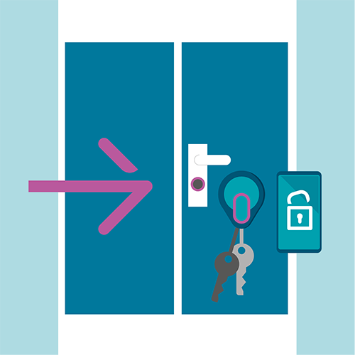 Illustration zeigt Smartkey und Smartphone, welches an die Tür mit Smartlock gehalten werden.