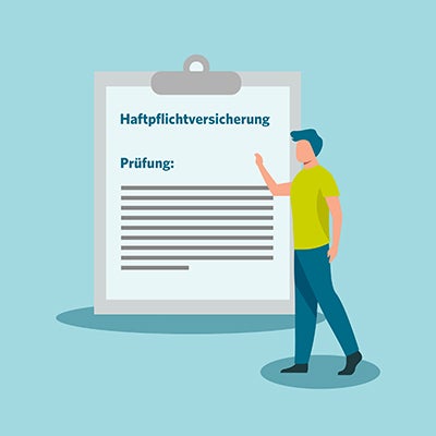 Illustration Person steht vor Klemmbrett mit Überschrift Haftpflichtversicherung.