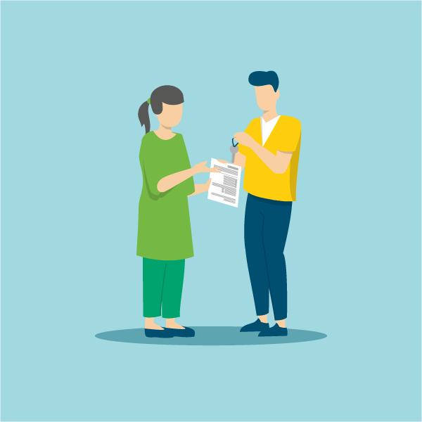 Einfache Illustration zweier Personen mit einem Mietvertrag und einem Schlüssel. Einfache Illustration zweier Personen mit einem Mietvertrag und einem Schlüssel.