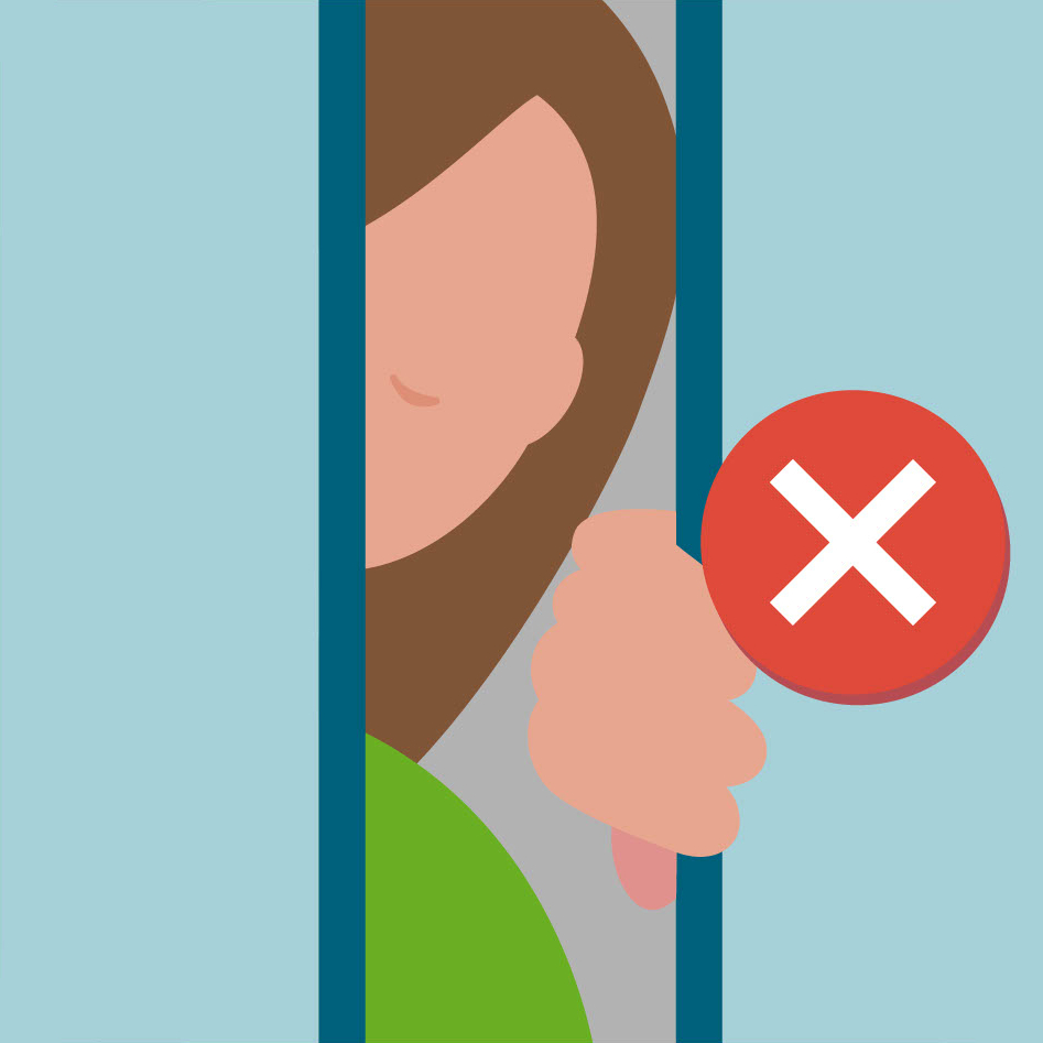 Illustration Frau versucht Fahrstuhltür aufzuschieben mit rotem X daneben. Illustration Frau versucht Fahrstuhltür aufzuschieben mit rotem X daneben.