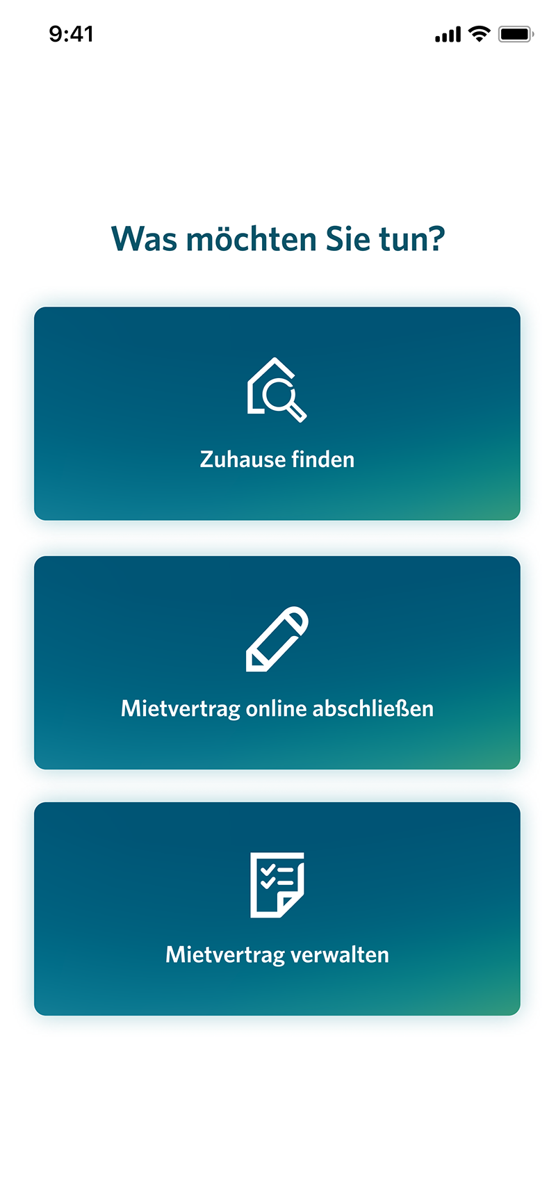 Startseite der Mein Vonovia App. Menü mit drei Optionen: Zuhause finden, Mietvertrag online abschließen, Mietvertrag verwalten.