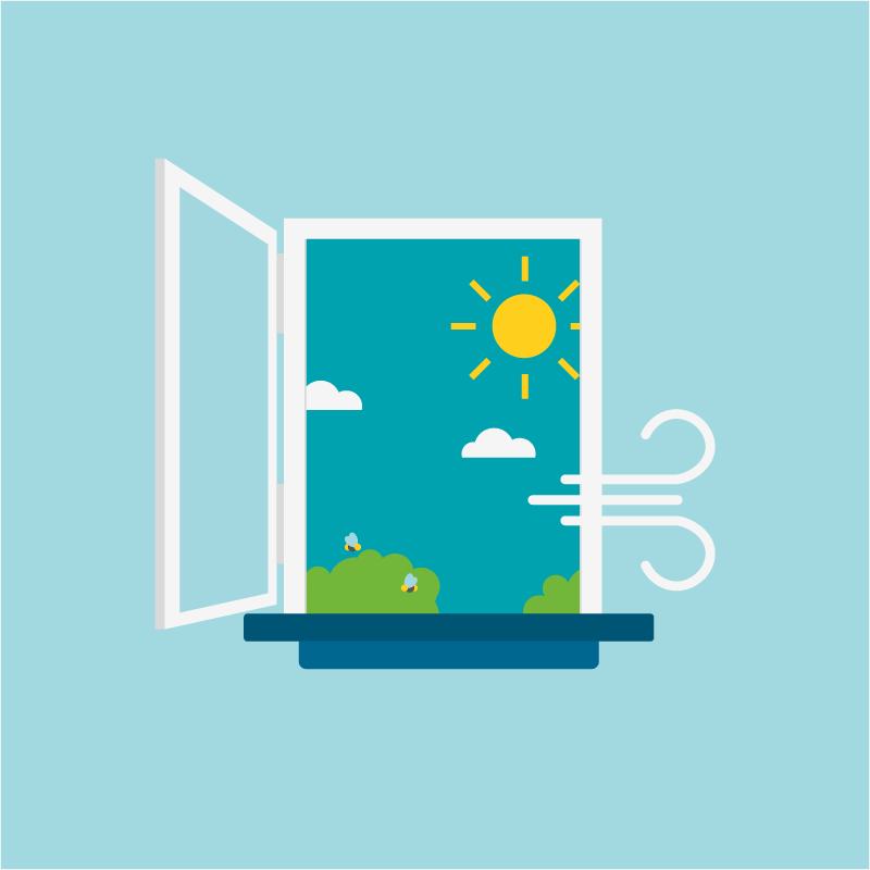 Eine Grafik eines offenen Fenster im Sommer, man sieht Büsche um die Bienen fliegen, die Sonne strahlt & ein einzelne Wolken. Ein Windstoß bläst in den Raum hinein.