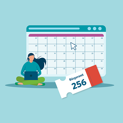Wohnsitz ummelden – Schritt 2: Grafische Darstellung einer Person mit Notebook vor einem Kalender und einer Bürgerarmt-Wartemarke